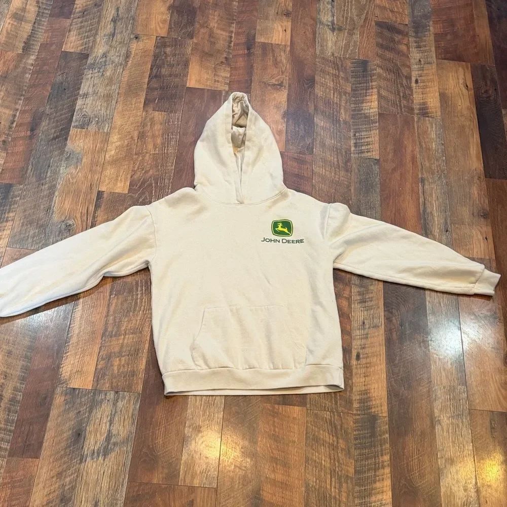 John Deere Cream Pullover Hoodie with Green & Yellow Logo youth XL (5530)